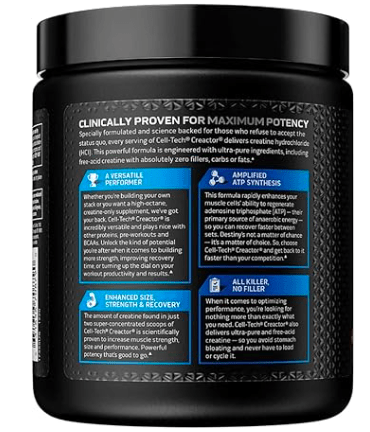 Creatina Cell-Tech Creactor de MuscleTech: envase moderno, ideal para quienes buscan fuerza, volumen muscular y rápida recuperación.