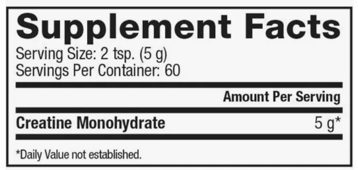 Información nutricional Creatina Dymatize: imagen del envase moderno y minimalista, diseñada para mejorar fuerza, rendimiento y recuperación con monohidrato micronizado puro.