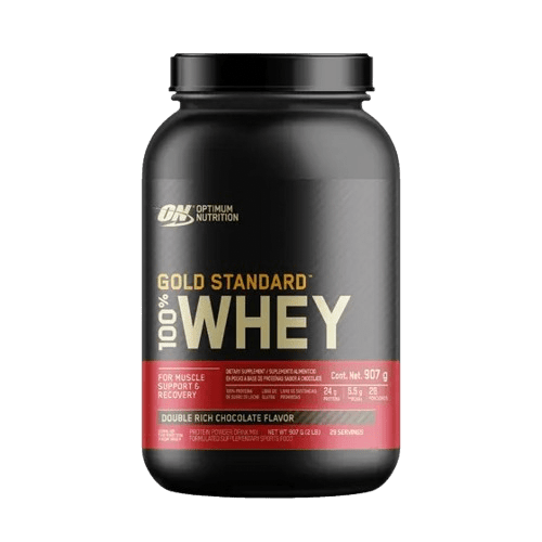 Proteína Whey 100% Gold Standard: imagen del icónico envase, ideal para desarrollar músculo y mejorar la recuperación post-entreno, sabor chocolate.