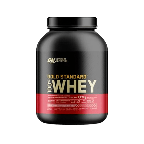 Proteína Whey 100% Gold Standard: imagen del icónico envase, ideal para desarrollar músculo y mejorar la recuperación post-entreno, sabor fresa.