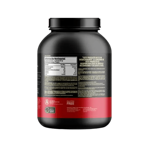 Información nutricional Proteína Whey 100% Gold Standard: imagen del icónico envase negro con detalles dorados, ideal para desarrollar músculo y mejorar la recuperación post-entreno.