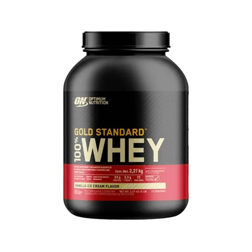 Proteína Whey 100% Gold Standard: imagen del icónico envase, ideal para desarrollar músculo y mejorar la recuperación post-entreno, sabor vainilla.