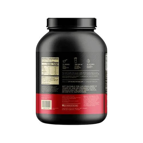 Información nutricional Proteína Whey 100% Gold Standard: imagen del icónico envase ideal para desarrollar músculo y mejorar la recuperación post-entreno.