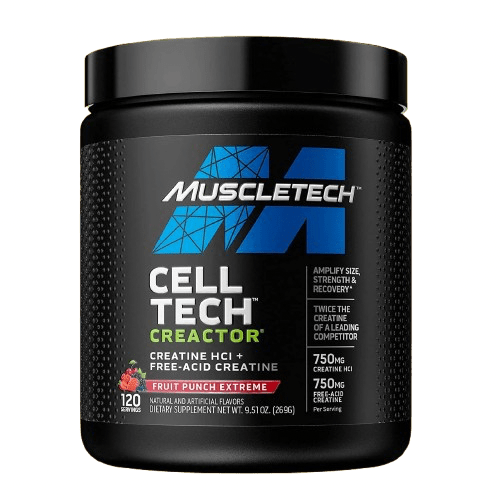 Imagen de la Creatina Cell-Tech Creactor de MuscleTech: envase moderno, ideal para quienes buscan fuerza, volumen muscular y rápida recuperación.