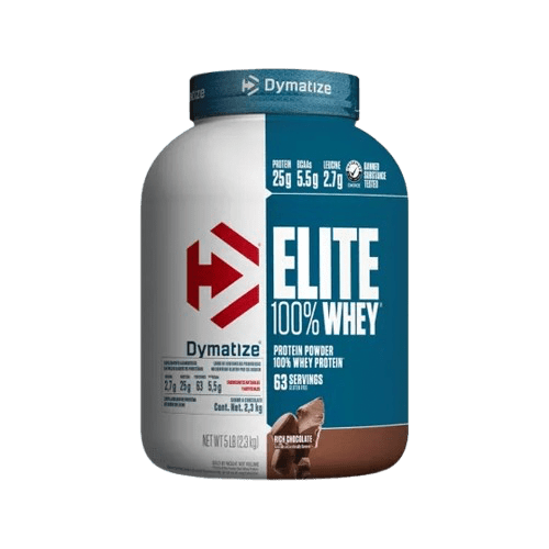 Imagen Proteína Dymatize 100% Elite: envase deportivo y potente, ideal para ganar masa muscular, con 25g de proteína, BCAA y rápida absorción por porción, sabor chocolate.