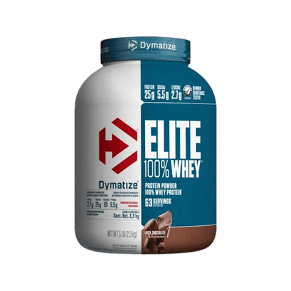 Imagen Proteína Dymatize 100% Elite: envase deportivo y potente, ideal para ganar masa muscular, con 25g de proteína, BCAA y rápida absorción por porción, sabor chocolate.