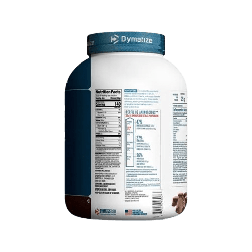 Imagen de la información nutricional Proteína Dymatize 100% Elite: envase deportivo y potente, ideal para ganar masa muscular, con 25g de proteína, BCAA y rápida absorción por porción