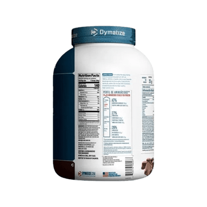 Imagen de la información nutricional Proteína Dymatize 100% Elite: envase deportivo y potente, ideal para ganar masa muscular, con 25g de proteína, BCAA y rápida absorción por porción