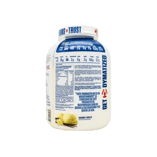 Imagen información nutricional Proteína Dymatize 100% Elite: envase deportivo y potente, ideal para ganar masa muscular, con 25g de proteína, BCAA y rápida absorción por porción, sabor vainilla.