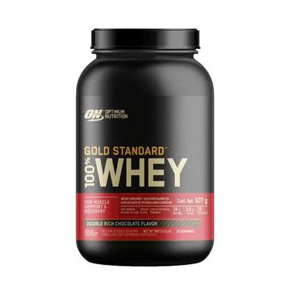 Proteína Whey 100% Gold Standard: imagen del icónico envase, ideal para desarrollar músculo y mejorar la recuperación post-entreno, sabor chocolate.