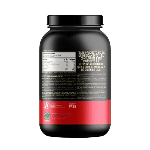 Información nutricional Proteína Whey 100% Gold Standard: imagen del icónico envase ideal para desarrollar músculo y mejorar la recuperación post-entreno.