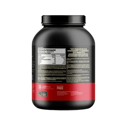 Información nutricional Proteína Whey 100% Gold Standard: imagen del icónico envase negro con detalles dorados, ideal para desarrollar músculo y mejorar la recuperación post-entreno.