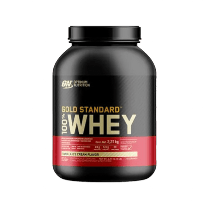 Proteína Whey 100% Gold Standard: imagen del icónico envase, ideal para desarrollar músculo y mejorar la recuperación post-entreno, sabor vainilla.