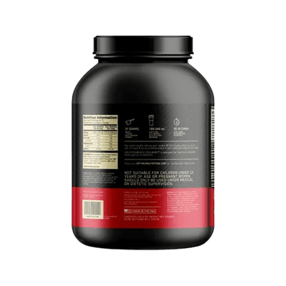 Información nutricional Proteína Whey 100% Gold Standard: imagen del icónico envase ideal para desarrollar músculo y mejorar la recuperación post-entreno.