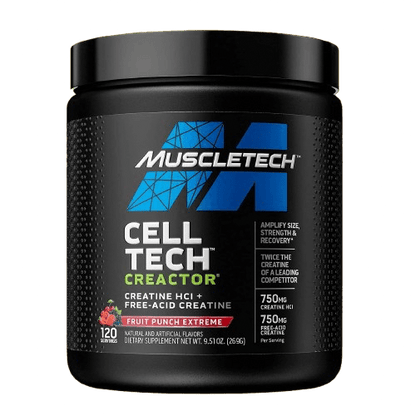Imagen de la Creatina Cell-Tech Creactor de MuscleTech: envase moderno, ideal para quienes buscan fuerza, volumen muscular y rápida recuperación.